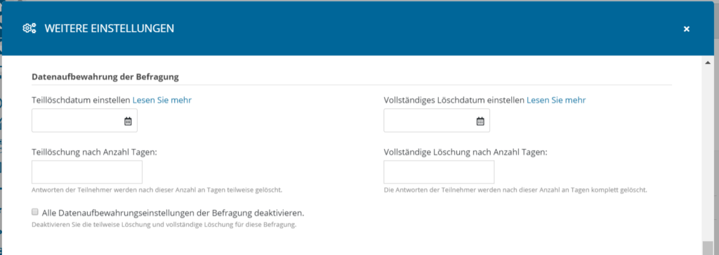 Weitere Einstellungen - Datenaufbewahrung